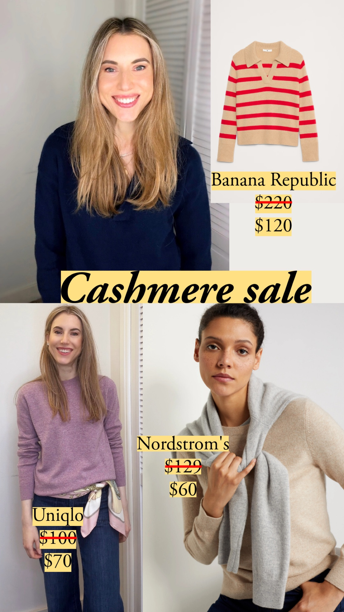 Some of my favorite cashmere sweaters are on sale!

The Nordstrom’s sweater is lightweight and very beautifully done. It’s got a delicate, gorgeous drape. Bloomingdale’s cashmere is a pass and not in the same category. 

Uniqlo has the best classic sweater - i scrunch up the sleeves and play with the waist to modernize it. Lots of colors are on sale. 

And a bunch of excellent Banana Republic cashmere sweaters are on sale, with an extra 20% off. 

I’m wearing the polo sweater from Banana Republic from last year, size small. 

Bottom left: Uniqlo sweater, size small, 73 purple (which is not on sale).

I’m 5’7” and wear sizes 0-4, or a small. 

#LTKStyleTip #LTKWorkwear #LTKTravel #classicstyle #cashmere

#LTKSaleAlert #LTKSeasonal #LTKFindsUnder100