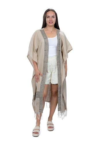 Women's Boho Kimono Cardigan Open Front Fringe Tassel Beach Cover Up with Embroidered Trim Loose Fit Summer Duster Jacket Beige | Amazon (US)