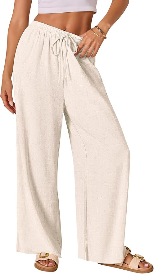 AISEW Women's Cotton Linen Palazzo Pants Drawstring Elastic Waist Casual Wide Leg Long Lounge Tro... | Amazon (US)