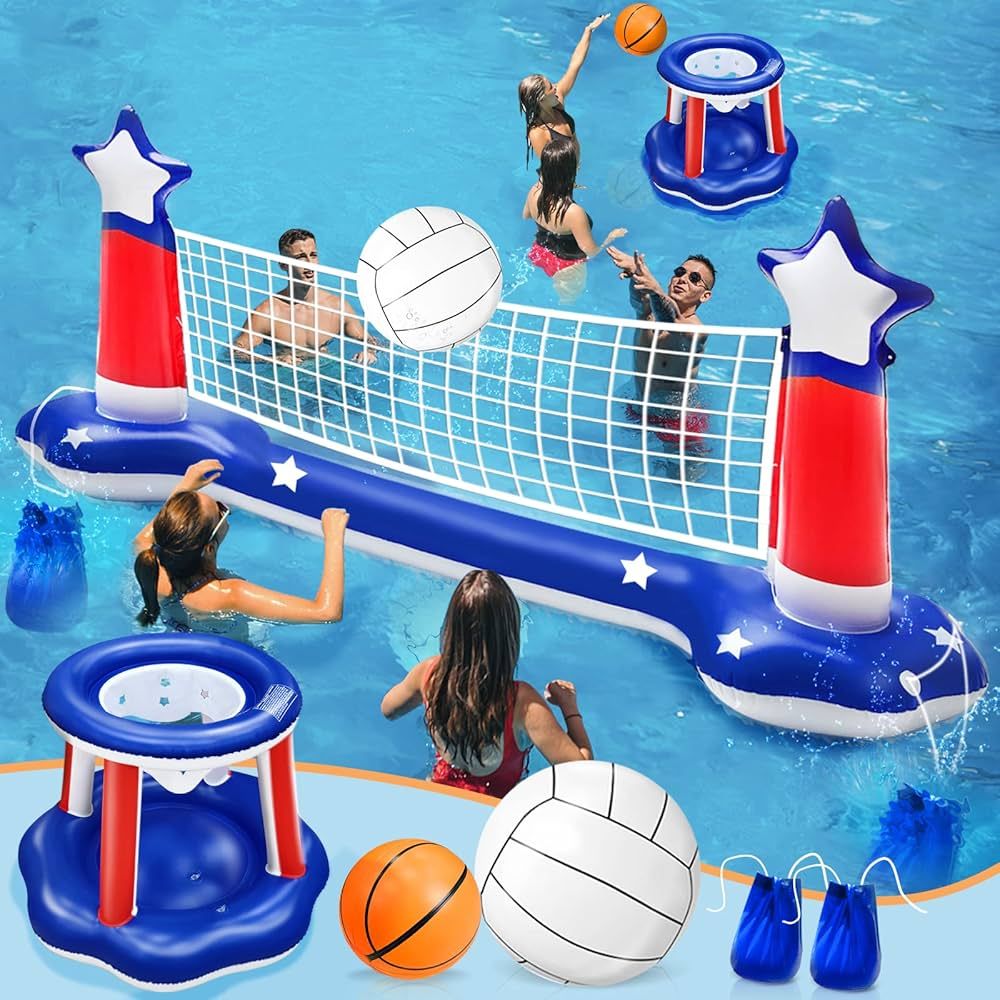 116" Large Inflatable Pool Volleyball Net & Basketball Hoop with 2 Beach Balls American Flag Pool... | Amazon (US)