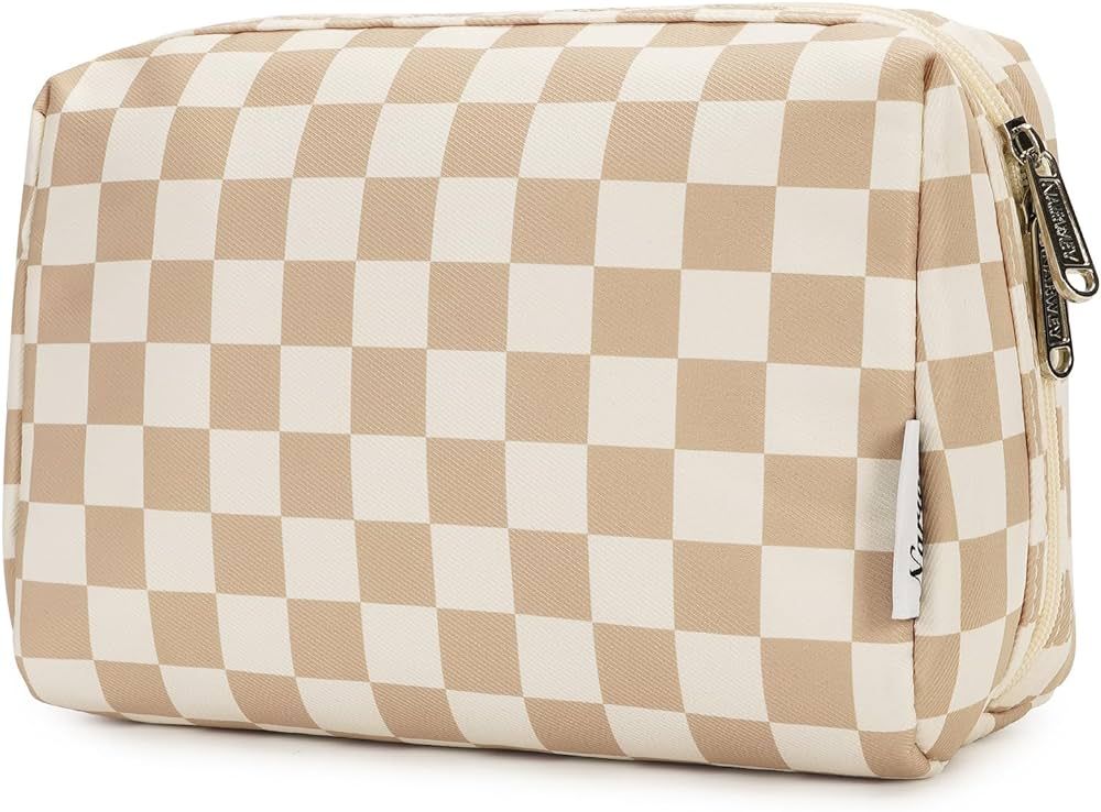 Large Makeup Bag Zipper Pouch Travel Cosmetic Organizer for Women (Large, Light Checkerboard) | Amazon (US)