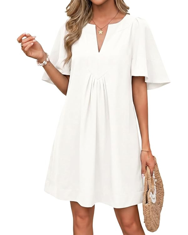 Wenrine Womens Shift Mini Dress Casual Short Sleeve Summer Dresses | Flutter Sleeve, V Neck, Loos... | Amazon (US)