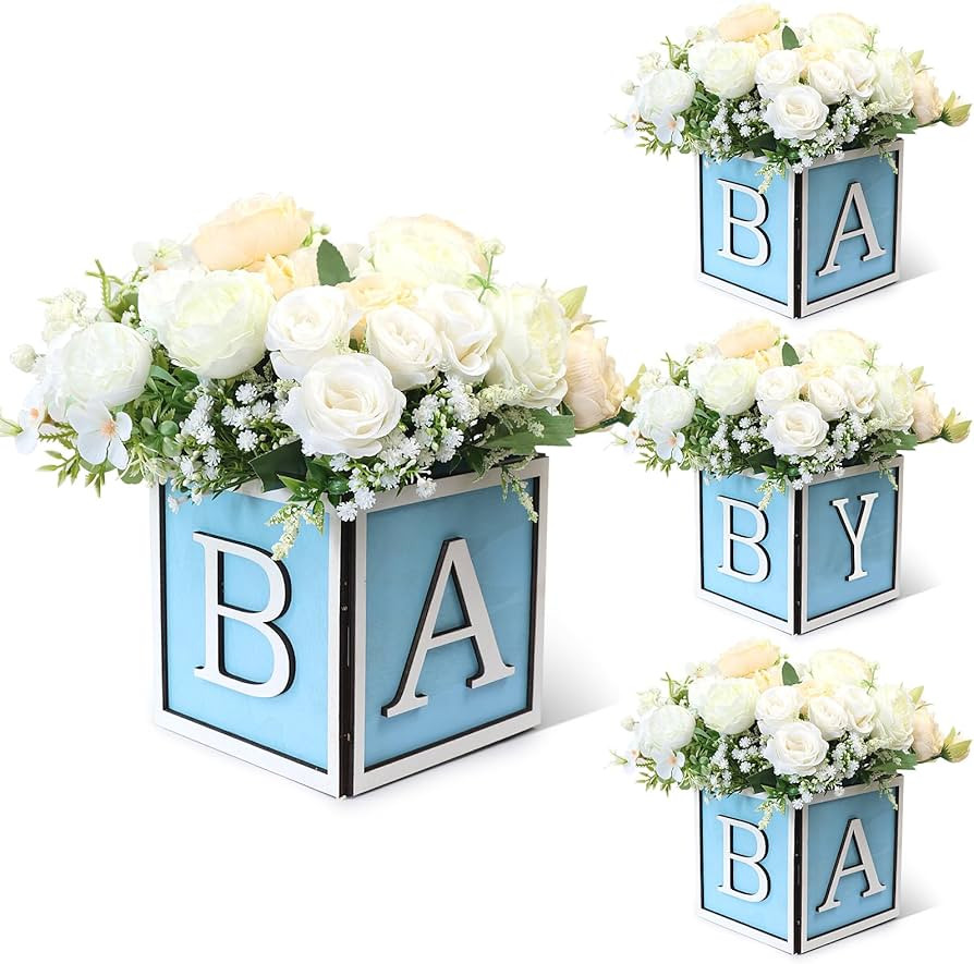 4 Set Baby Shower Centerpieces for Tables - 6 inch Wooden Boxes with Baby Letters Rustic Cube Pla... | Amazon (US)