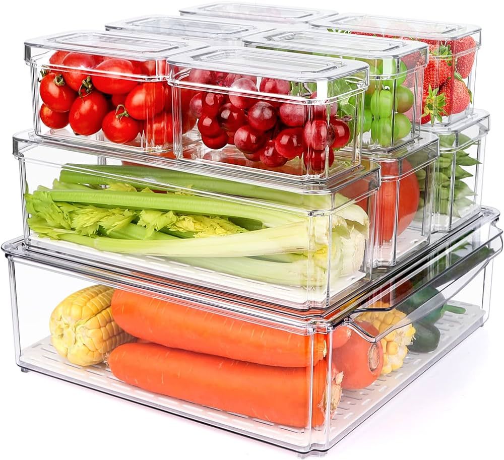 10 Pack Refrigerator Pantry Organizer Bins, Stackable Fridge Bins with Lids, Clear Plastic for Ki... | Amazon (US)