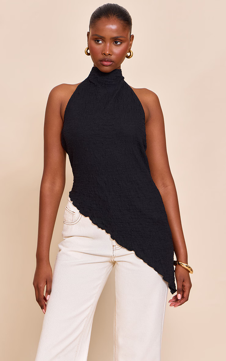 Black  Textured High Neck Asymmetric Hem Detail Long Top | PrettyLittleThing US