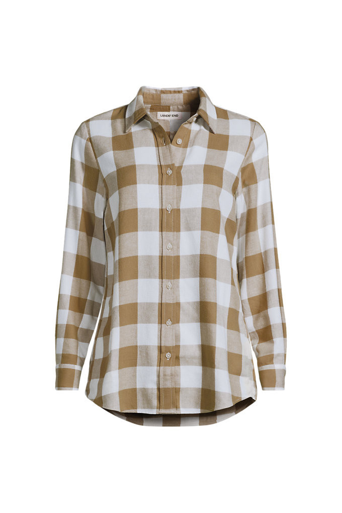 Petite Flannel Boyfriend Long Sleeve Shirt - Lands' End - Tan - S | Lands' End (US)