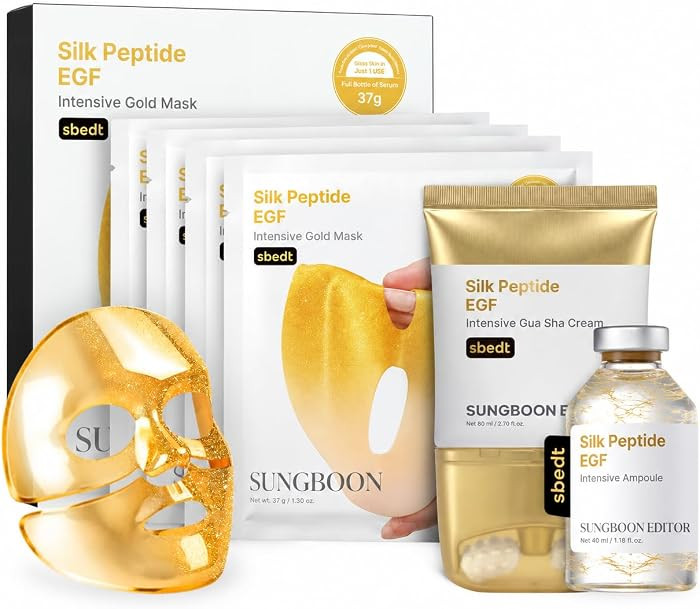 SUNGBOON EDITOR Intensive Smoothing Boost Trio, Silk Peptide EGF Ampoule + Gold Mask + Peanut Ball Neck Gua Sha Cream, Ultimate Care for the Appearance of Wrinkles | Amazon (US)