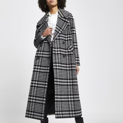 Black check print oversized longline coat | River Island (US)