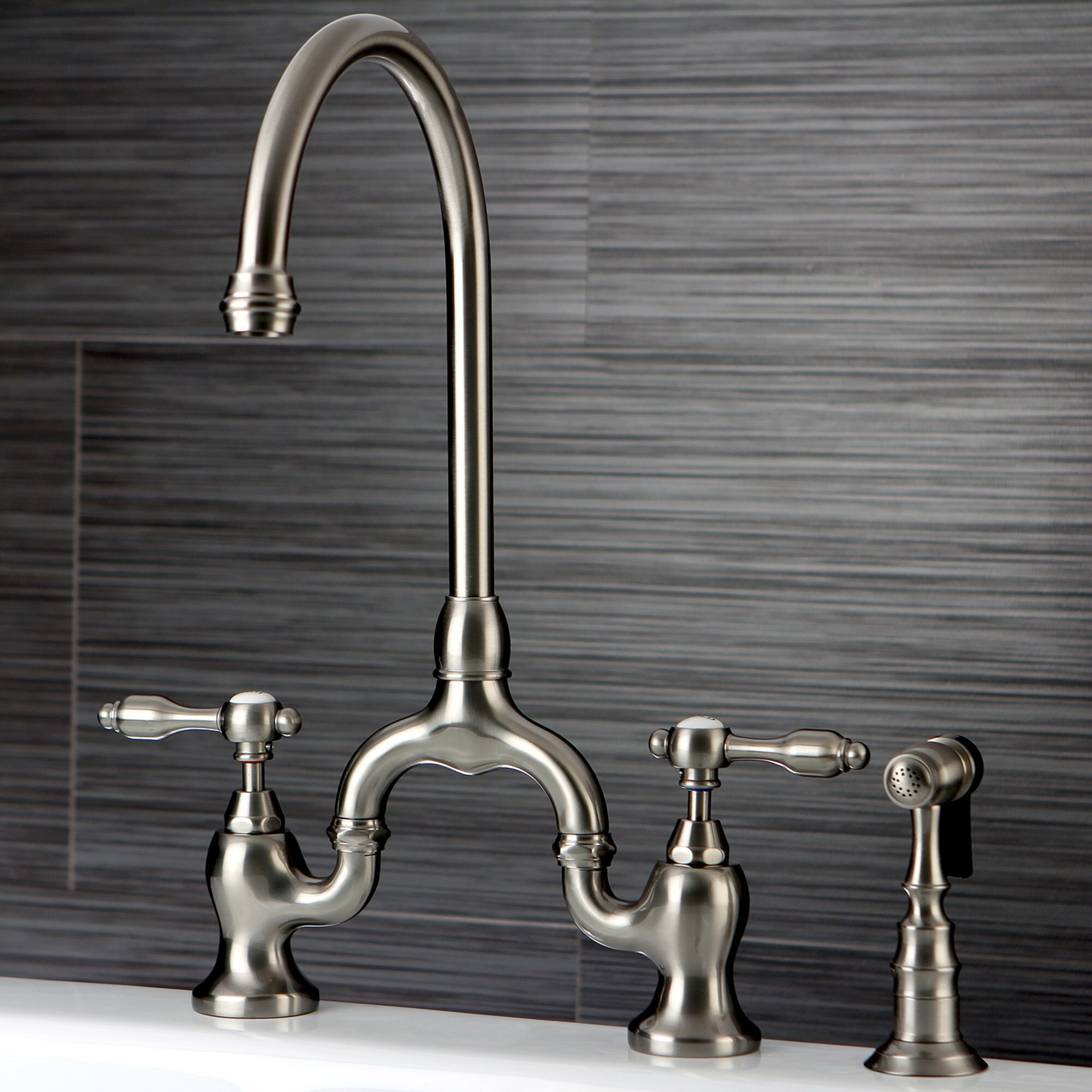 Kingston Brass Tudor Brushed nickel Double Handle Deck-mount Bridge Kitchen Faucet with Sprayer (Includes Side Sprayer) | WLKS7798TALBS | Lowe's