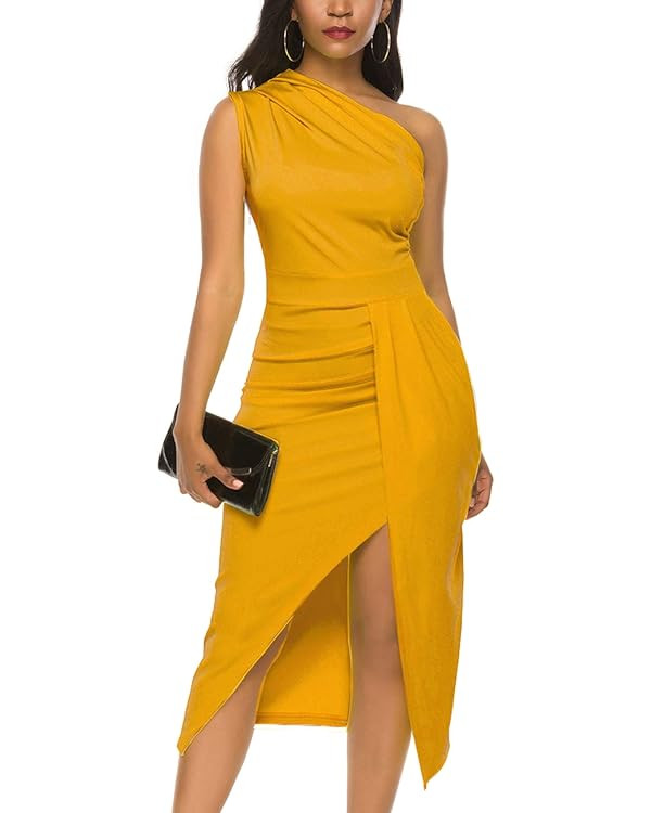 LilyIn Womens Elegant one Shoulder Sleeveless Ruched High Slit Solid Color Cocktail Party Dresses | Amazon (US)