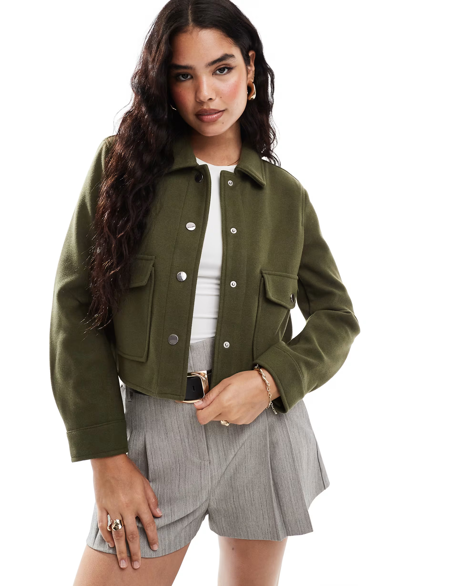Stradivarius boxy wool jacket in green | ASOS (Global)