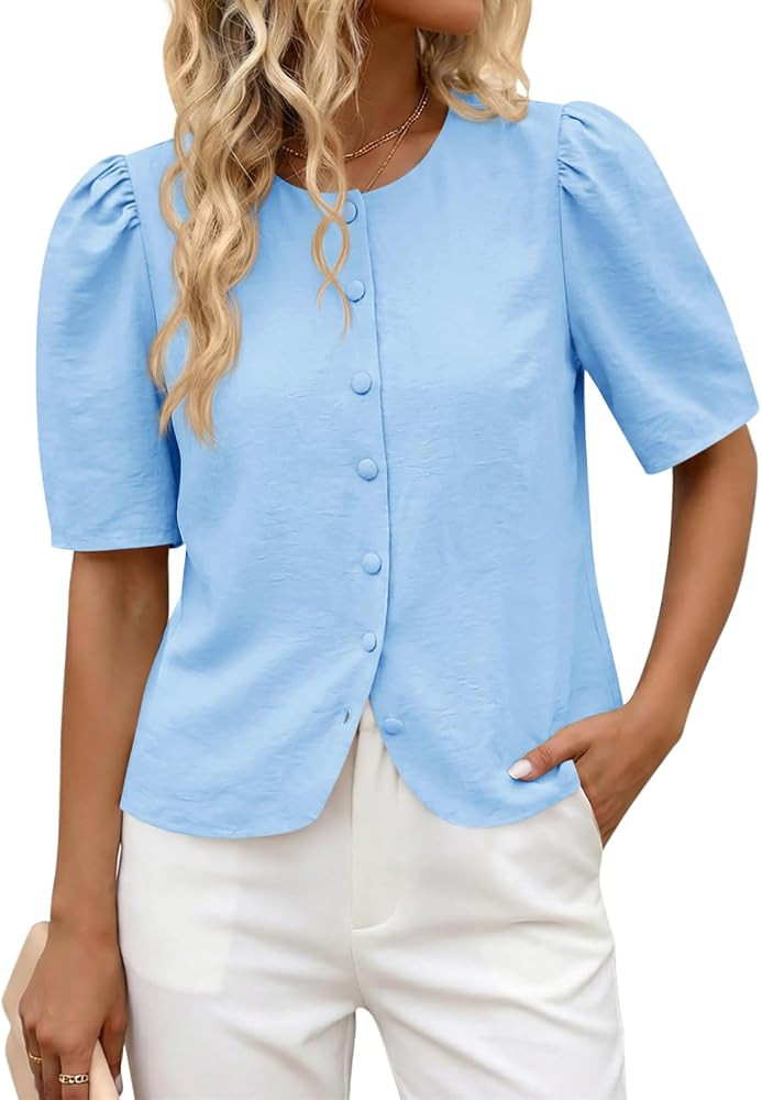 Cicy Bell Womens Short Puff Sleeve Button Down Shirts Dressy Casual Blouses Summer Round Neck Cot... | Amazon (US)