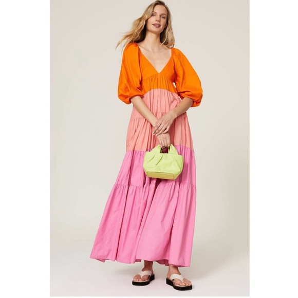 Staud Orange Pink Colorblocked Striped Meadow Maxi V-Neck Dress Size Small | Poshmark