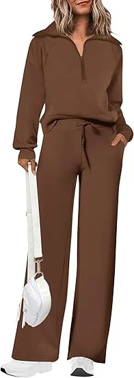PRETTYGARDEN Women's 2 Piece Outfits Casual Lapel Half Zip Sweatshirts And Wide Leg Pants Tracksu... | Walmart (US)