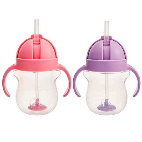 Munchkin Any Angle Sippy Cups for Toddlers, Spill Proof Weighted Straw Cup with Transition Handles for Babies 6 Months and Up, 7 Ounce, 2 Pack, Pink/Purple | Amazon (US)