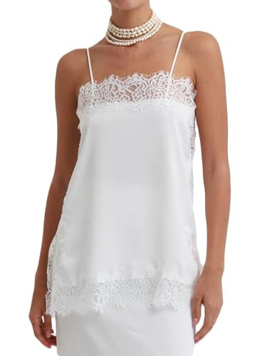 Women Satin Lace Trim Cami Top Spaghetti Strap Flowy Lace Slip Y2k Side Slit Silky Layering Tank Tops Streetwear(Split White,Small) | Amazon (US)
