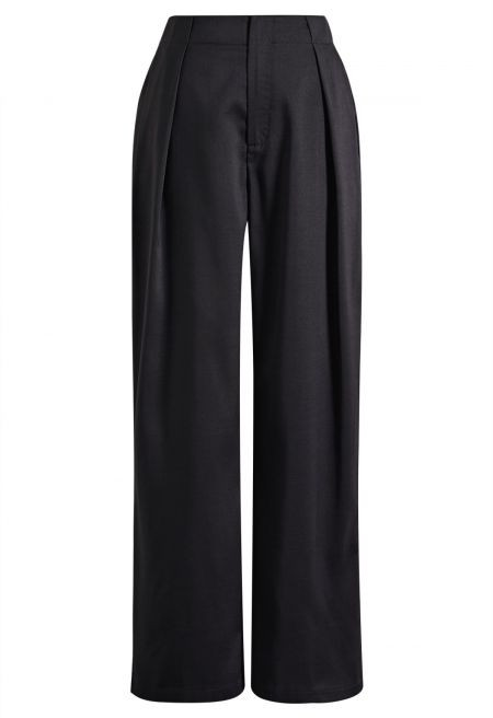 Drapey Front Pleat Straight-Leg Pants in Black for Office Days & Weekend Brunches | Chicwish