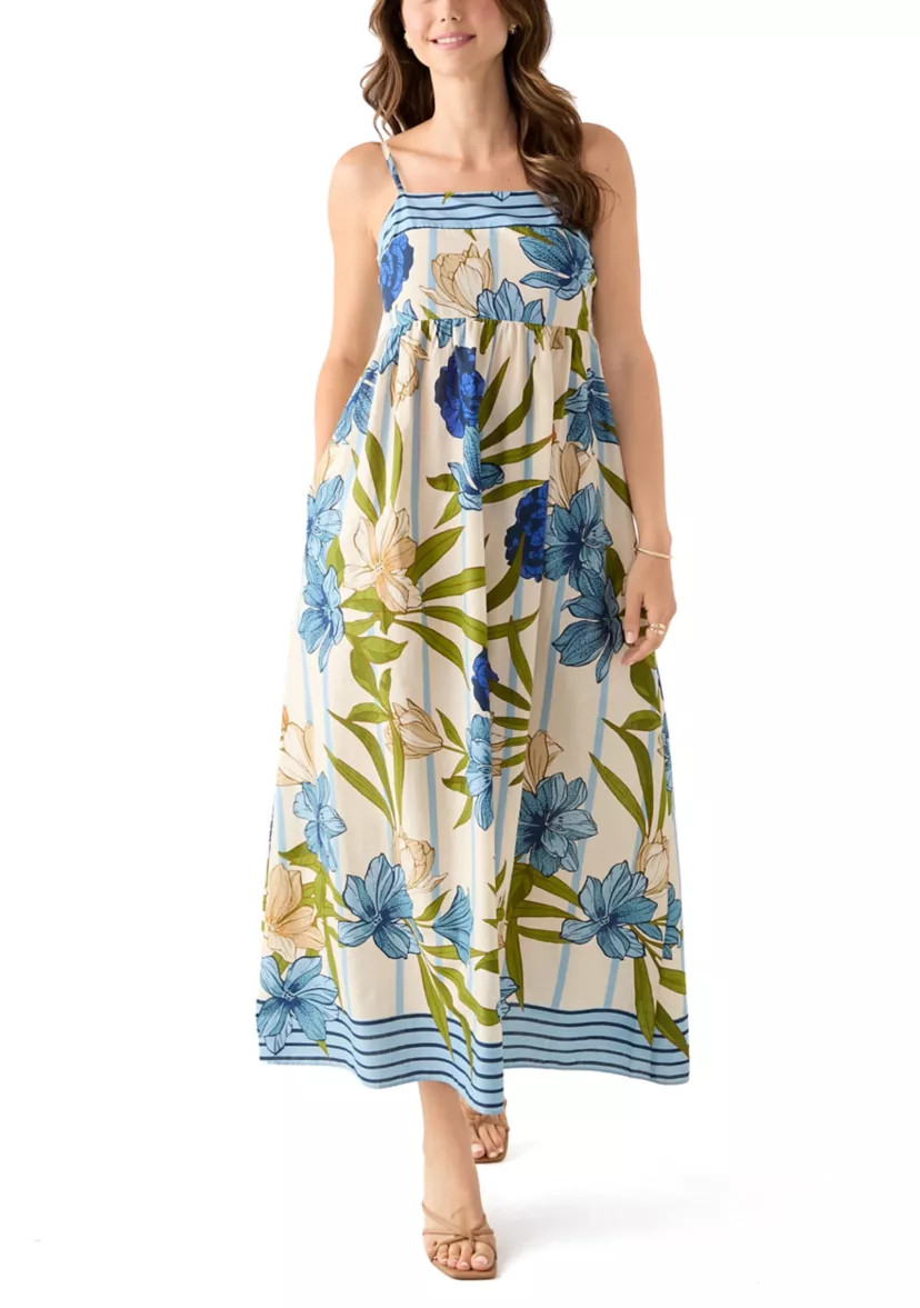 Women's Sleeveless Stripe Border Floral A-Line Maxi Dress | Belk
