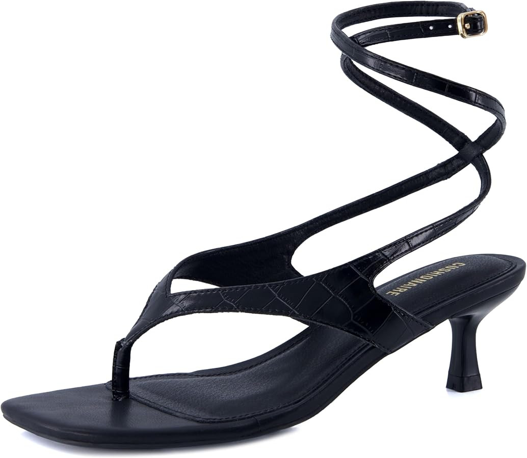 CUSHIONAIRE Martini Women’s Ankle Wrap Heel Sandal – Strappy Faux Leather Thong with Kitten H... | Amazon (US)
