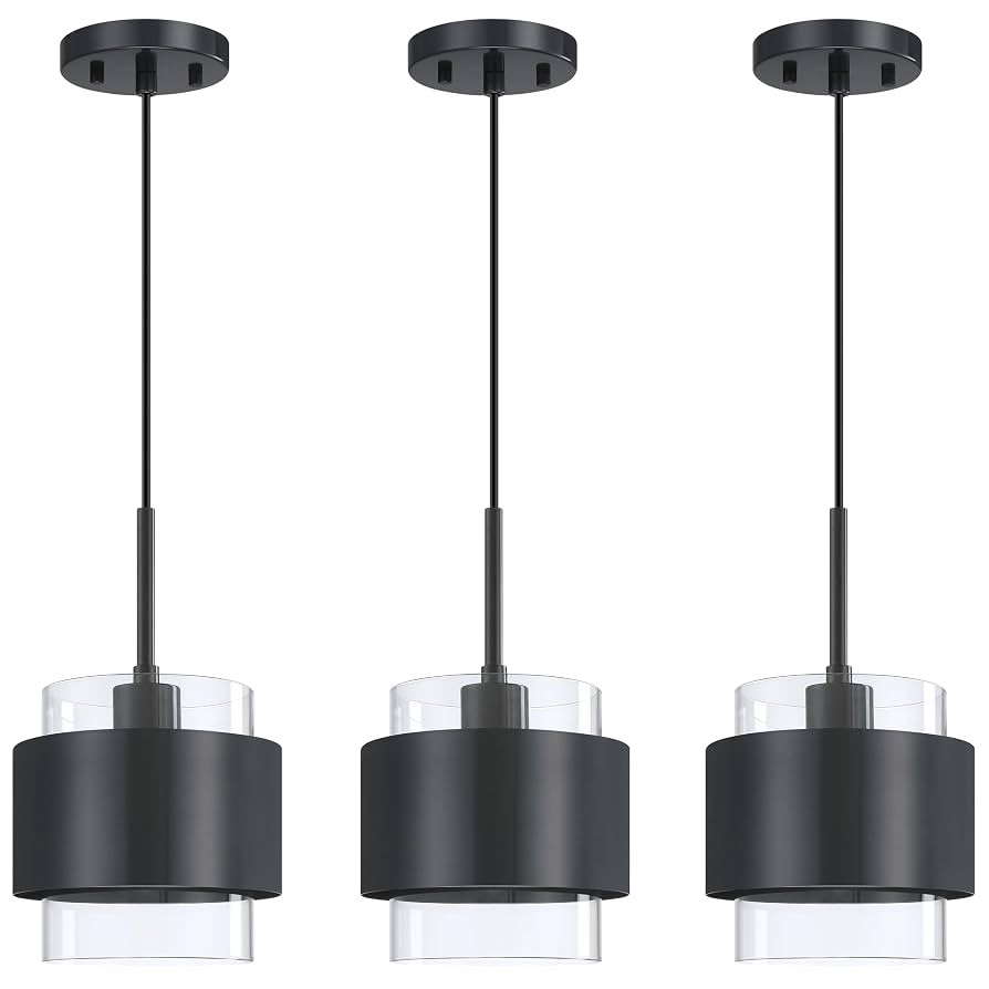3 Pack 1 Light Hanging Indoor Kitchen Island 6.5" Drum Clear Glass Shade Pendant Ceiling Light Fi... | Amazon (US)