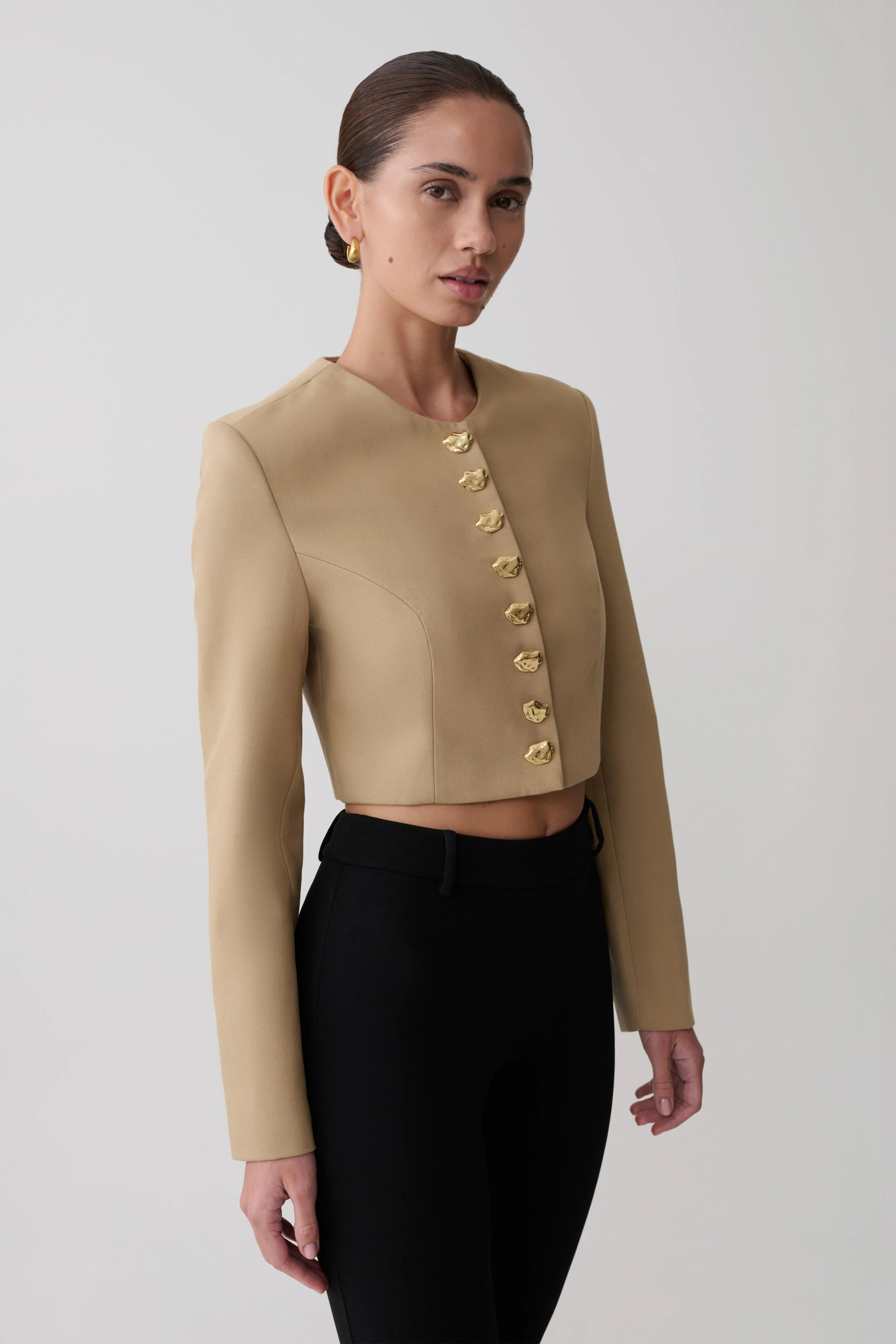 Button Up Cropped Jacket - Taupe | MESHKI US