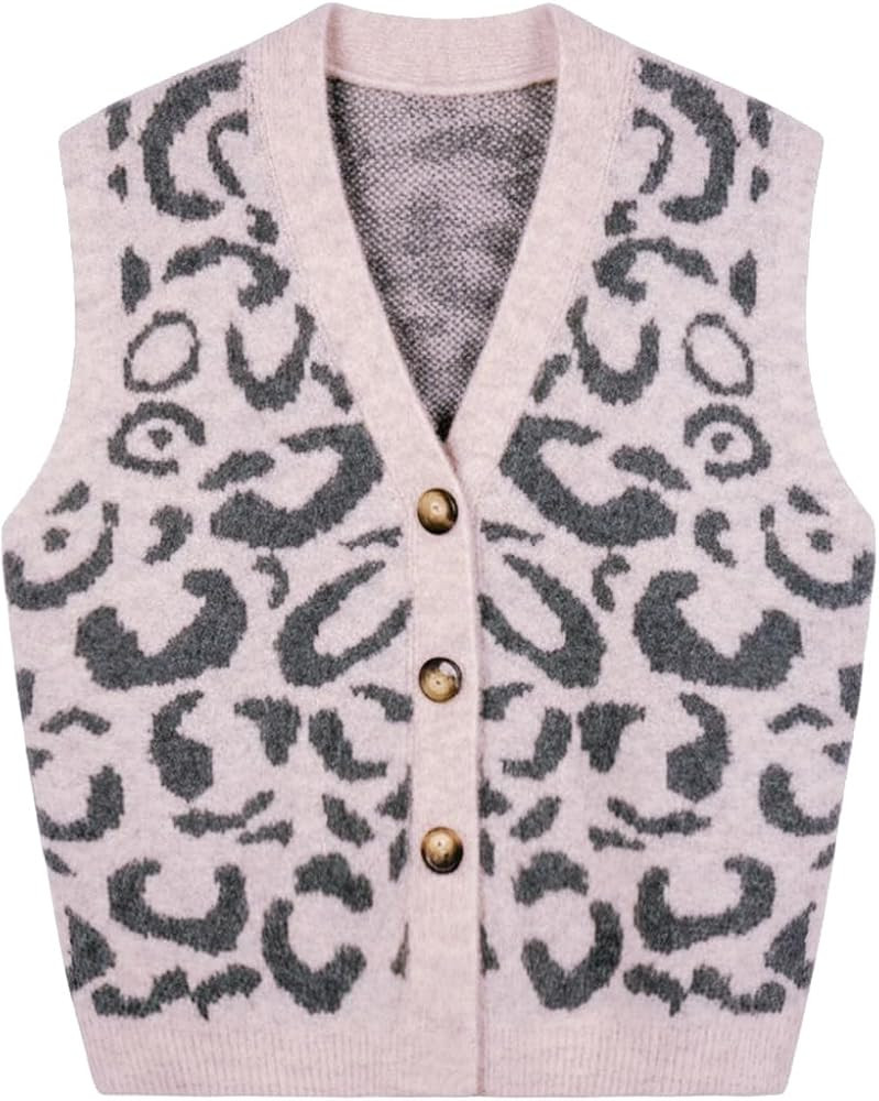 Women's V Neck Pink Leopard Knit Sweater Vest Sleeveless Soft Casual Cheetah Print Button Cardiga... | Amazon (US)