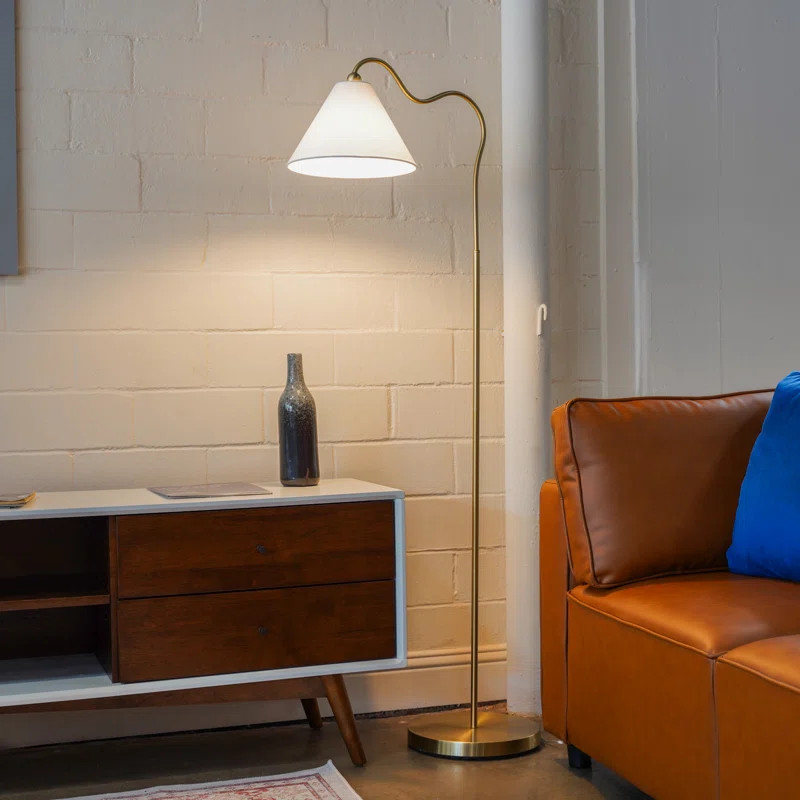 Stina 60" Brass Ring Base Curved Floor Lamp With Triangle White Empire Shade | Wayfair North America