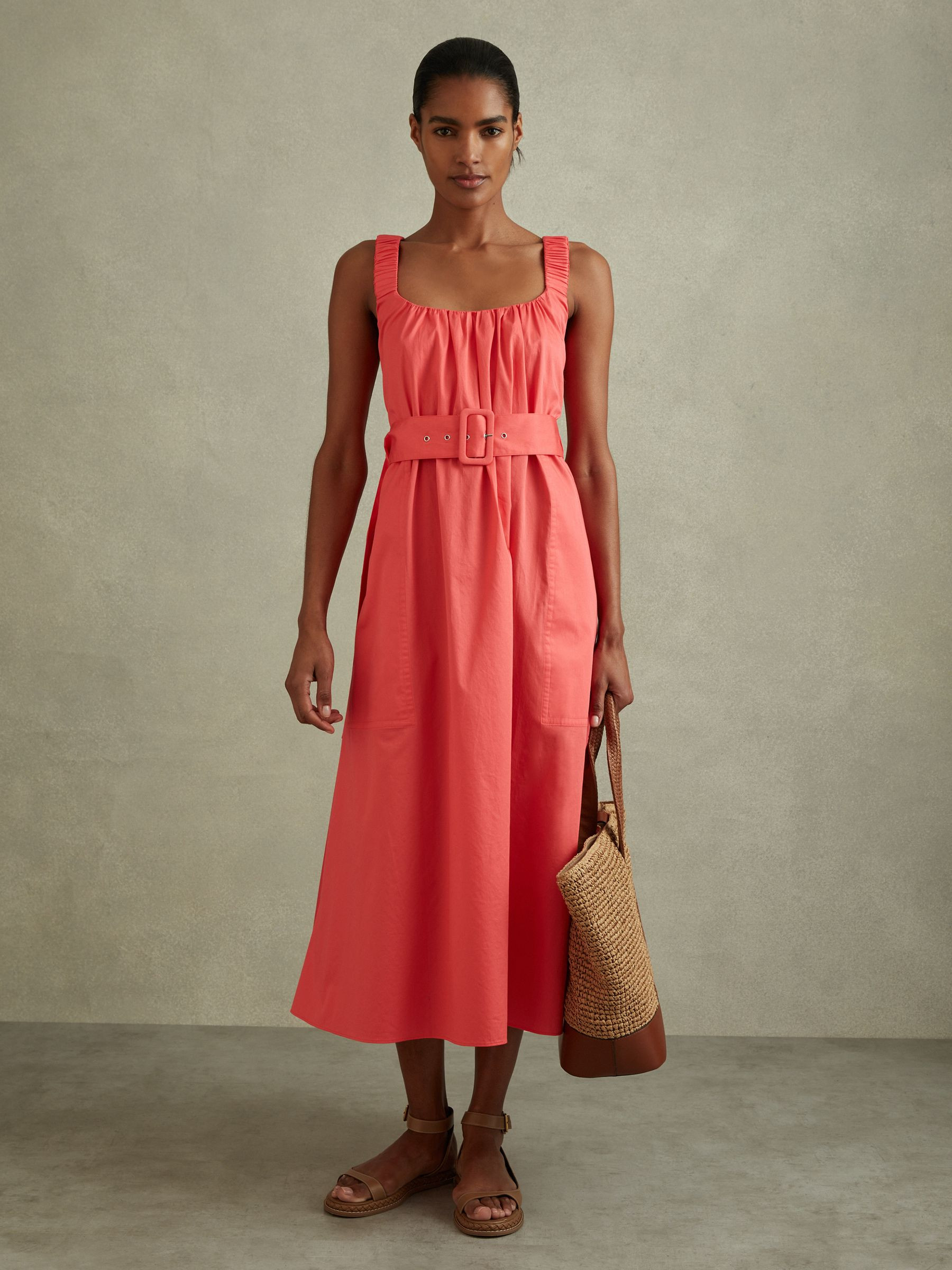 Cotton Ruched Strap Belted Midi Dress in Coral | Reiss UK