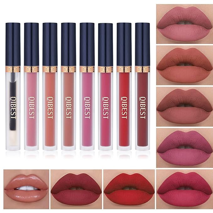 QiBest 7Pcs Matte Liquid Lipstick + 1Pcs Lip Plumper Makeup Set Kit, Long Lasting Waterproof Velv... | Amazon (US)