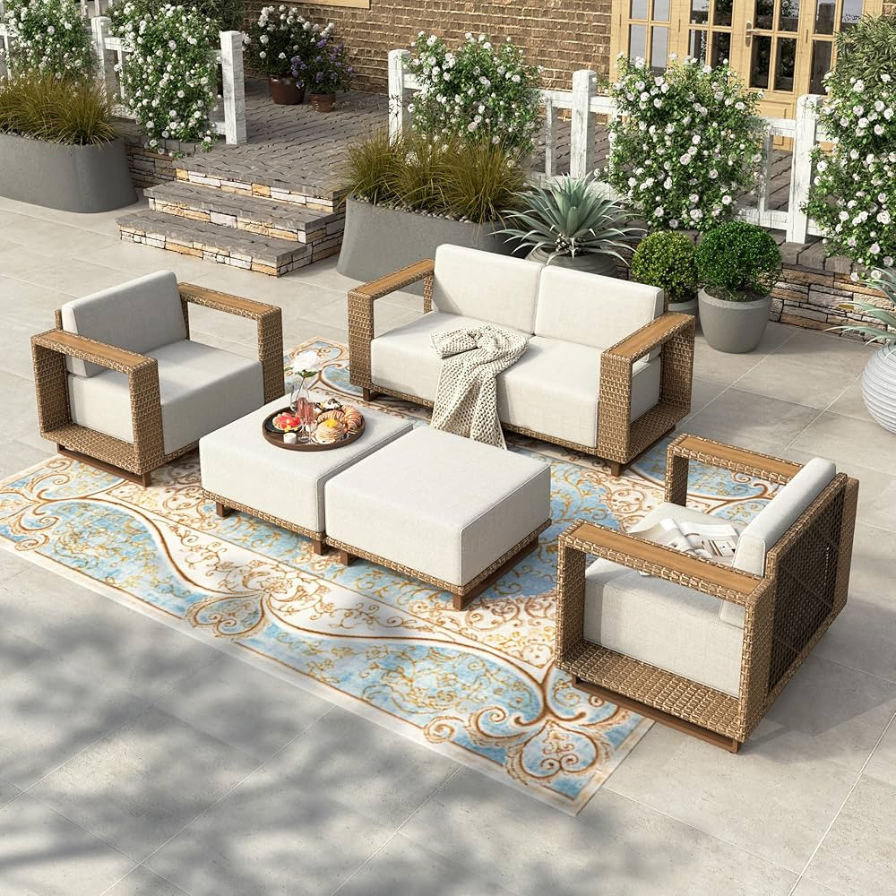 HERA'S HOUSE 6 Pieces Patio Furniture Set, 4 Sectional Outdoor Rattan Wicker Sofas with 2 Ottoman... | Amazon (US)