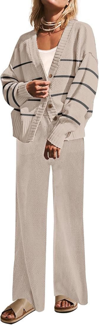 Womens Two Piece Outfits Sweater Sets Open Front Knit Cardigan and Wide Leg Pants Sweatsuit Loung... | Amazon (US)
