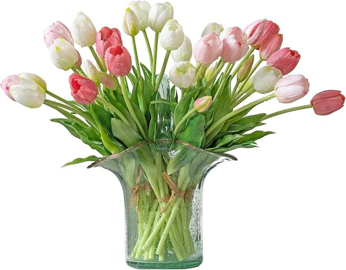 40pcs Artificial Tulips Flowers, Latex Bouquet, Fake Tulips for Office Wedding Party Home Kitchen... | Amazon (US)