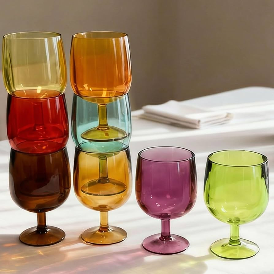 Colored Plastic Wine Glasses Set of 8, Acrylic Short Stem Goblets | Amazon (US)