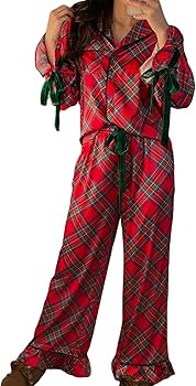 Luckinbaby Cute Christmas Pajamas for Women Satin Silk Bow Pj Set Long Sleeve Shirt and Pants Gin... | Amazon (US)