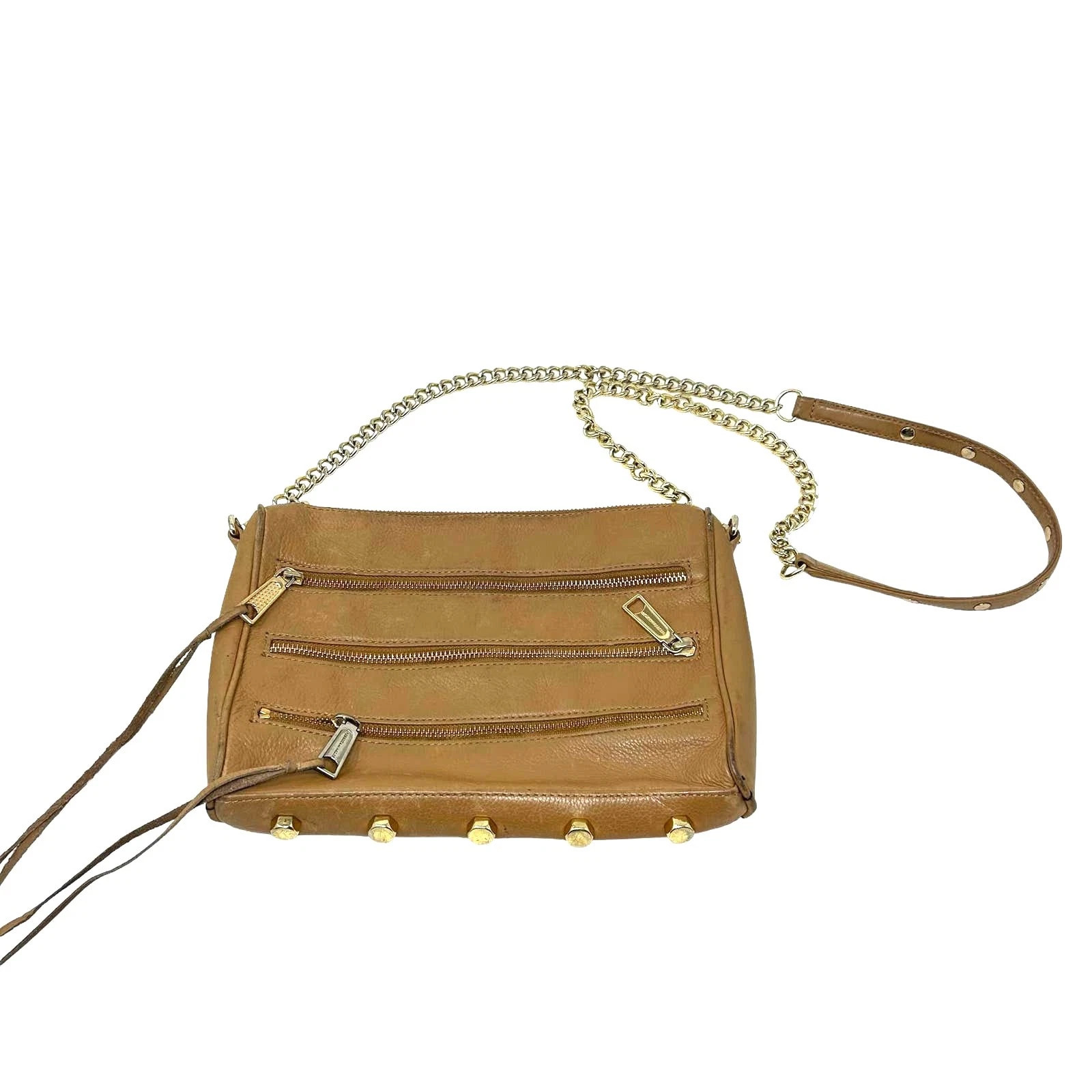 Rebecca Minkoff 5 Zip Crossbody Bag Cognac Tan Leather Chain Bag | eBay AU