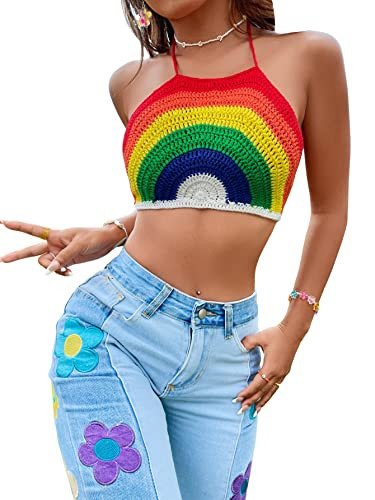 SweatyRocks Women's Backless Rainbow Striped Halter Tie Back Tops Sleeveless Knit Crop Top | Amazon (US)
