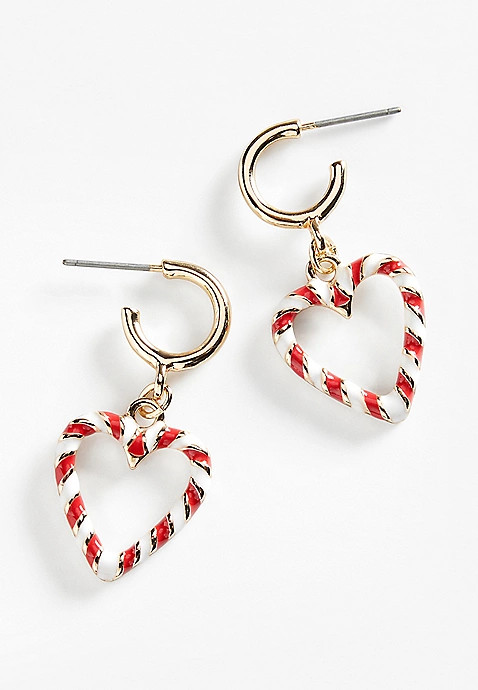 Candy Cane Heart Huggies Earrings | Maurices