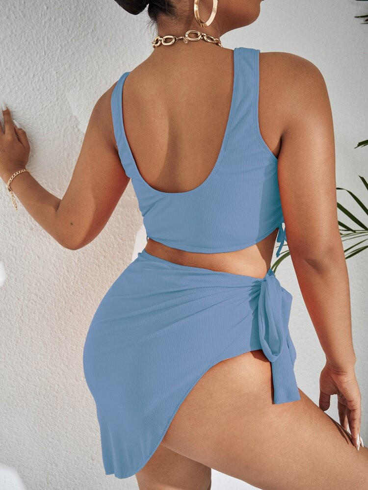 Plus Plain Rib Tie Side High Waisted Bikini Swimsuit With Beach Skirt | SHEIN