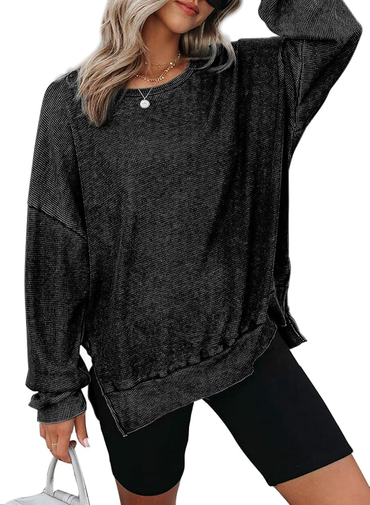 Dokotoo Womens Oversized Waffle Knit Crewneck Sweatshirts Long Sleeve Side Slits Casual Pullover ... | Amazon (US)