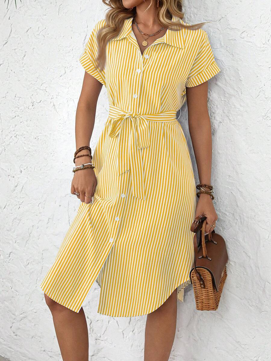 EMERY ROSE Women's Holiday Casual Striped Front Button Midi Shirt Dress,Butter Yellow Dress Busin... | SHEIN