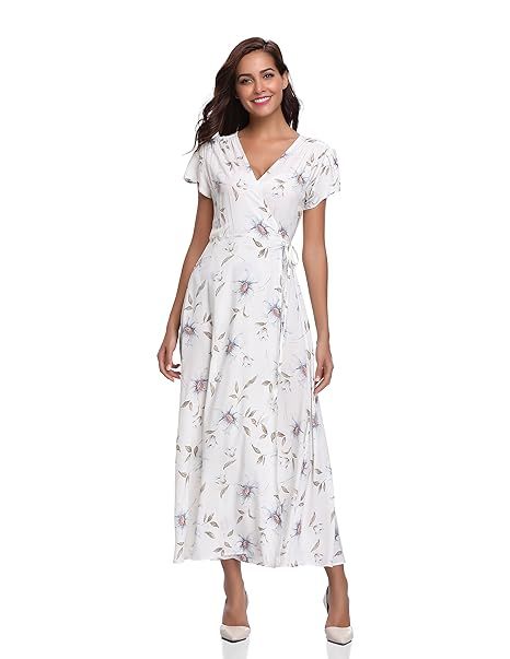 Floating Time Women's Floral Print Short Sleeve Maxi Wrap Dress | Amazon (US)