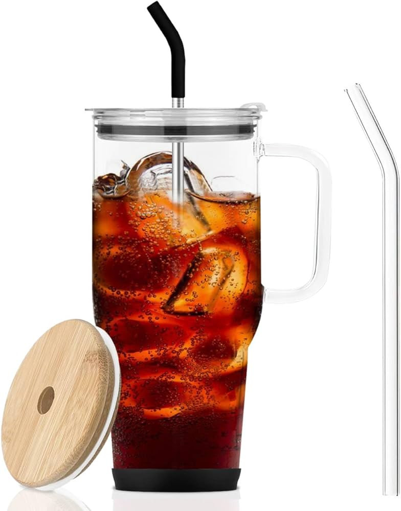 32oz Glass Tumbler with Straw and Bamboo Lid, Large Capacity Glass Water Cup with Handle,Reusable... | Amazon (US)