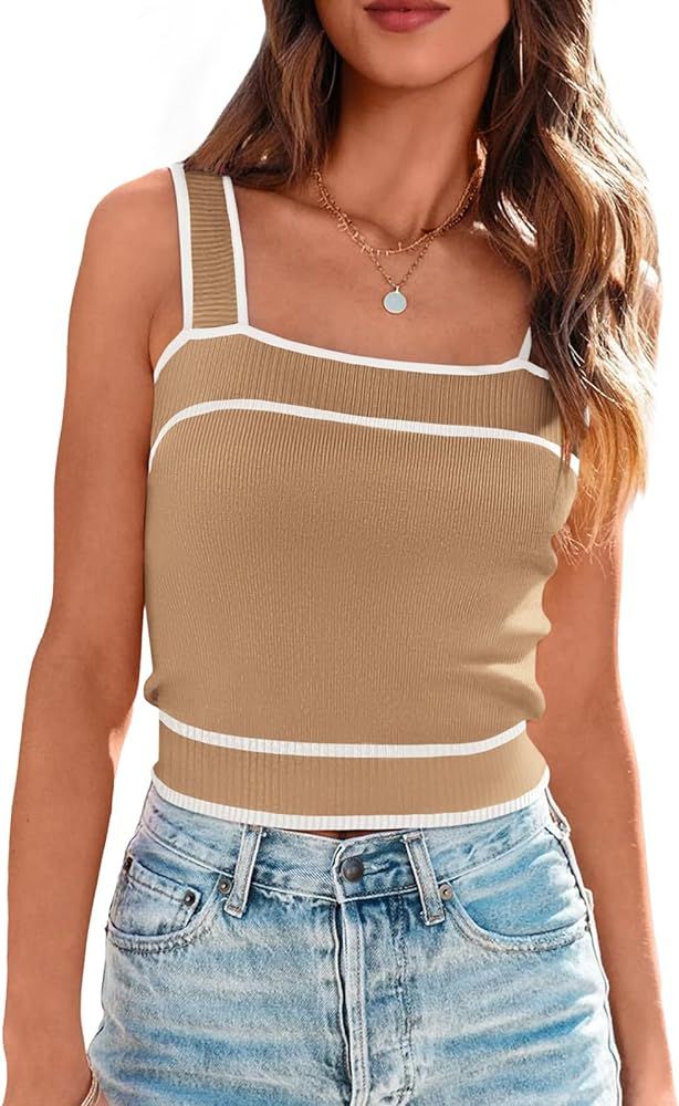 NALANISA Women's Trendy Summer Square Neck Slim Fit Crop Tank Tops 2024 Casual Color Block Sleeve... | Amazon (US)