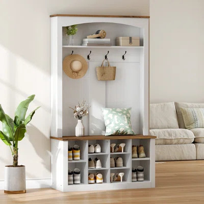 Farmhouse Hall Tree With Led Light Strip, Coat Rack With Bench And Shoe Storage | Wayfair North America