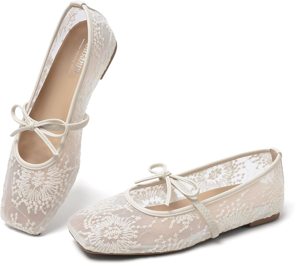 Susanny Square Toe Ballet Flats for Women Mary Jane Shoes with Strap Lace up Bow Flat Shoes Comfo... | Amazon (US)