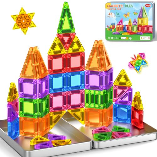 Mini Magnetic Tiles Travel Magnetic Tiles with Iron Box,42PCS Magnet Building Block Set Travel Toys for Kids Ages 3+,Educational Portable Magnet Toys Gifts for Toddlers Boys & Girls Christmas Birthday | Amazon (US)