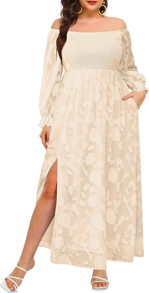 Plus Size Summer Dresses - Boho Casual Off Shoulder Floral Long Maxi Dress with Pockets | Amazon (US)