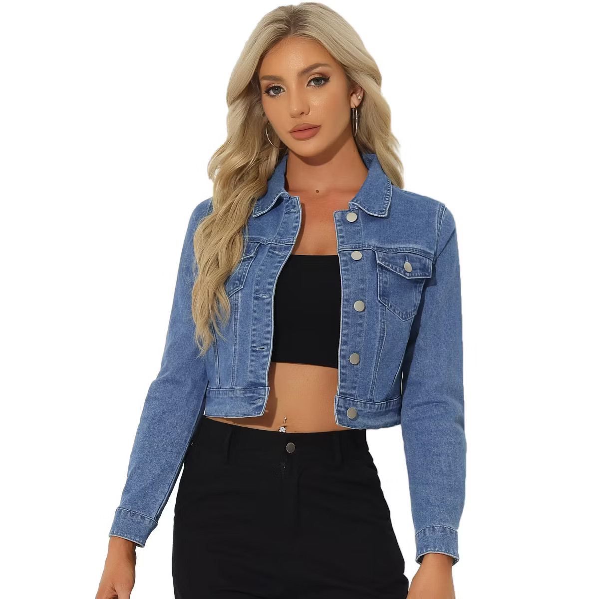 Allegra K Women's Solid Cropped Button-Down Plaid Cuffs Jean Jacket with Pockets | Target