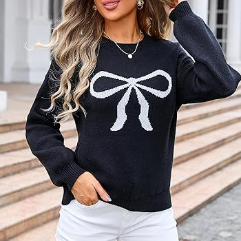 Women Bow Graphic Sweater Long Sleeve Y2k Bow Print Oversized Knitted Pullover Crew Neck Contrast... | Amazon (US)