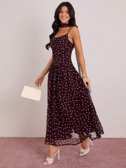 Enchnt Summer Romantic Women's Brown Polka Dot Print Sleeveless Dress With Neck Ribbon,Festival O... | SHEIN